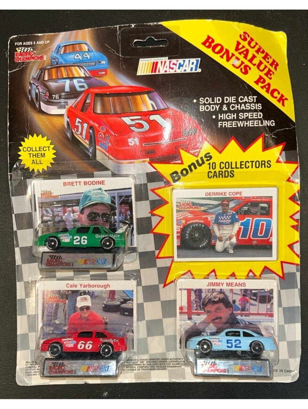 Racing Champions NASCAR Super Value Bonus Pack 3 Diecast Cars + 10 Cards Sealed